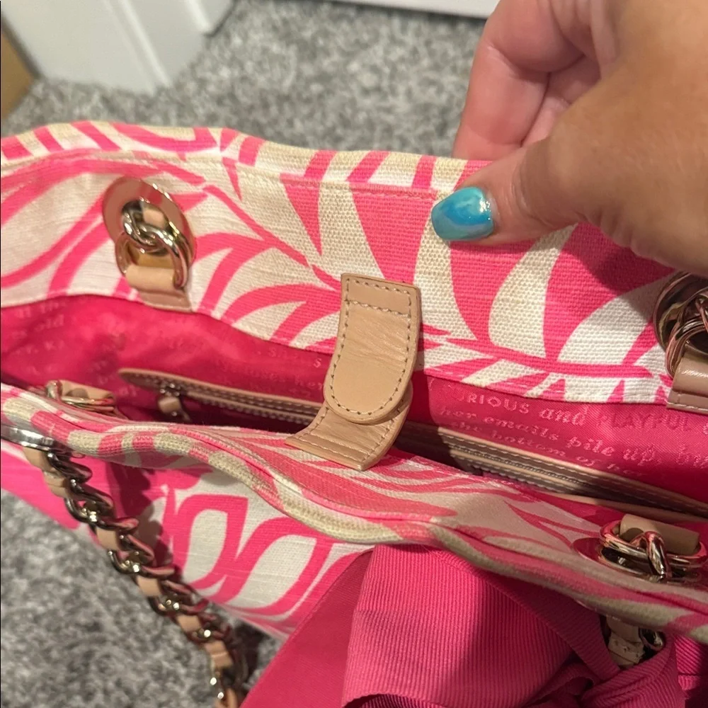 Kate Spade Vibrant Pink Cream Leaf Tote canvas storybook collectible bag purse